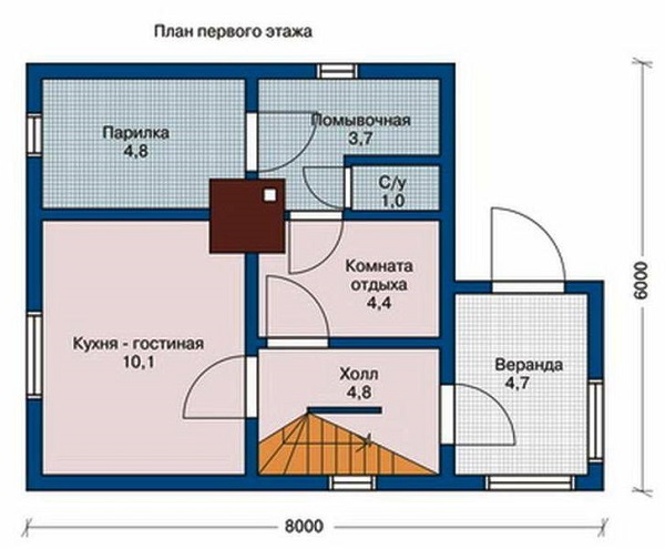 план бани с террасой и мансардой