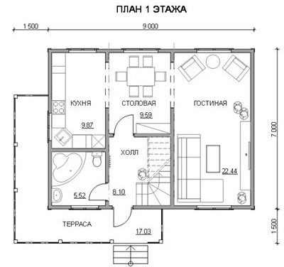 Планировка 1 этажа дизайнерского дачного дома из бруса 7 на 9