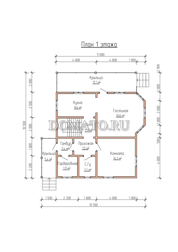 План 1 этажа, загородный дом 10.5×9