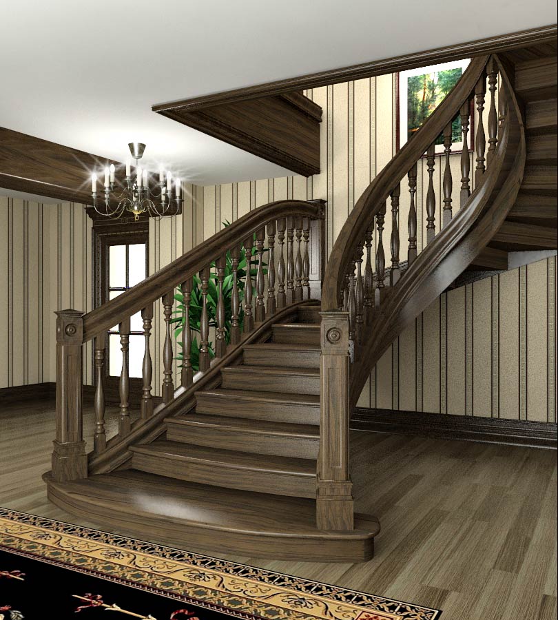 Красивая деревянная лестница на второй этаж с плавным поворотом