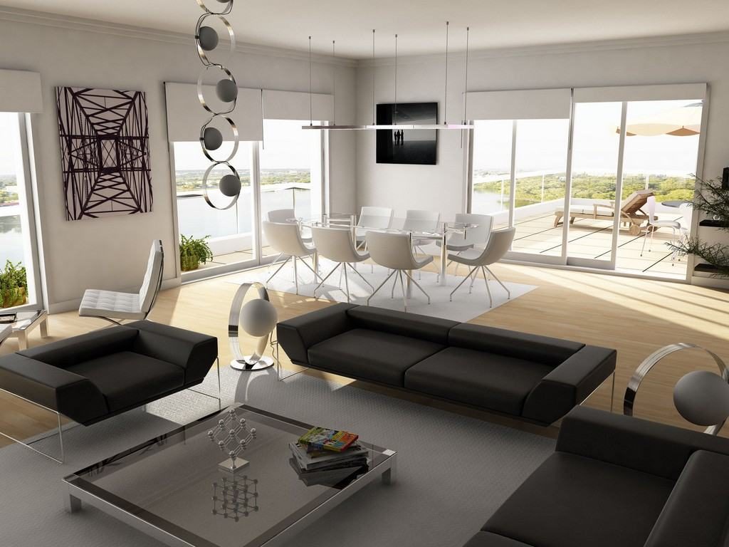 Стильные напольные и подвесные светильники и удобная дизайнерская мебель создадут уникальный и неповторимый интерьер гостиной