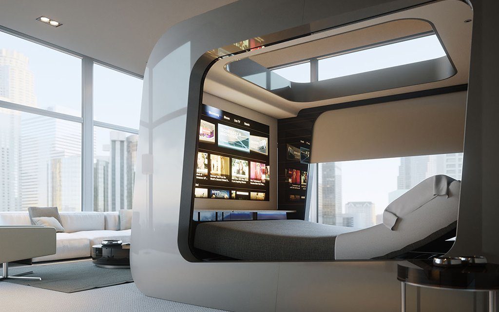 Дизайнерская кровать в футуристичном стиле великолепно вписывается в данный интерьер 