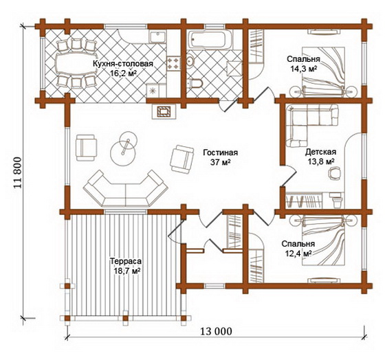 Деревянные одноэтажные дома – план деревянного дома из бруса в 1 этаж 2