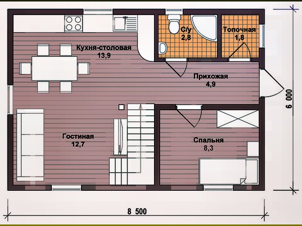 планировка каркасного дома 6х8 первый этаж