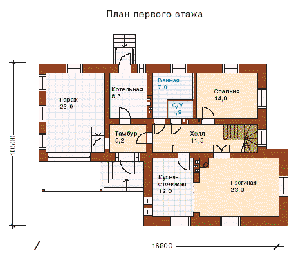 Рис. 1 План первого этажа (обращает внимание наличие отдельного входа в котельную, где установлена печь, а также общий тамбур для входа с улицы и гаража)