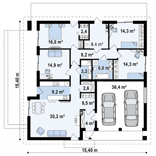 Схема одноэтажного дома с гаражом