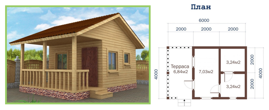 Проект небольшого дома с террасой 4х6