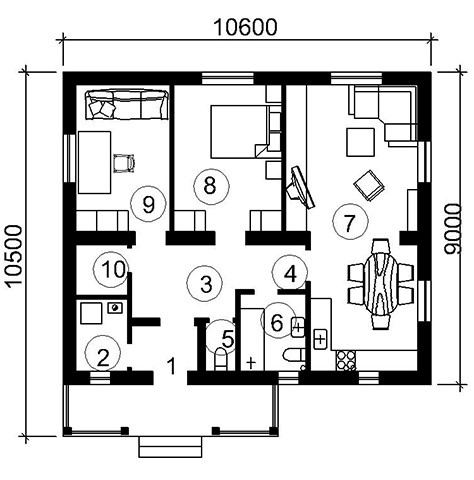 Схема одноэтажного дома с несколькими комнатами