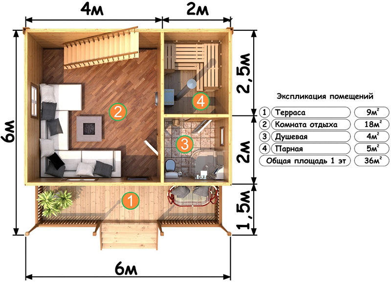 Пример планировки бани 6 х 6 метров с отдельной комнатой отдыха