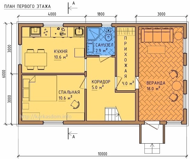 План каркасного дома 6х10м 105м/кв, первый эт.