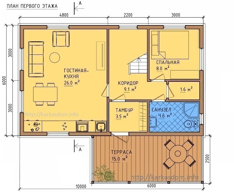 План первого этажа каркасного дома 6х10м 120м/кв Кухня/гостиная