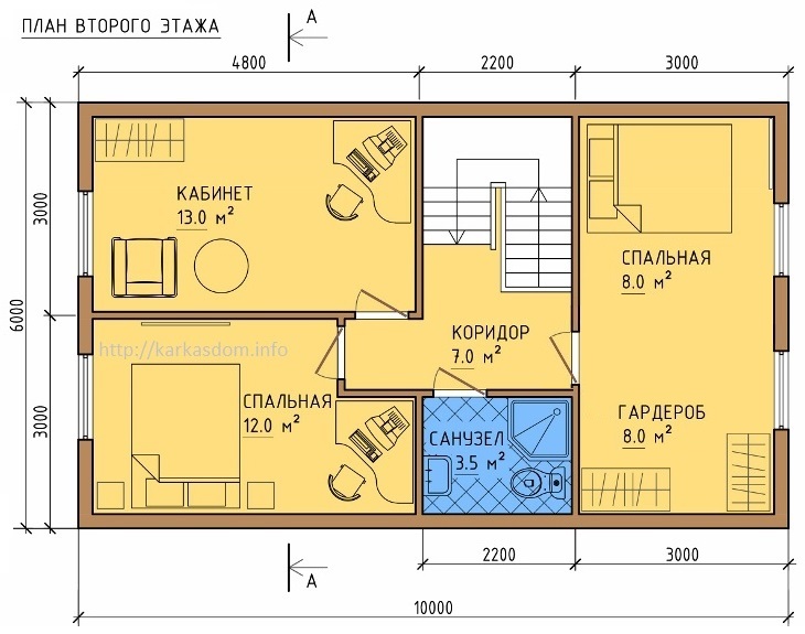 План второго этажа каркасного дома 6х10м 120м/кв.