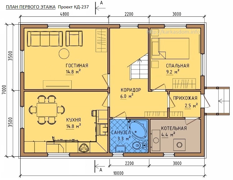 План каркасного дома 7х10м 140м/кв, стандартный вариант.