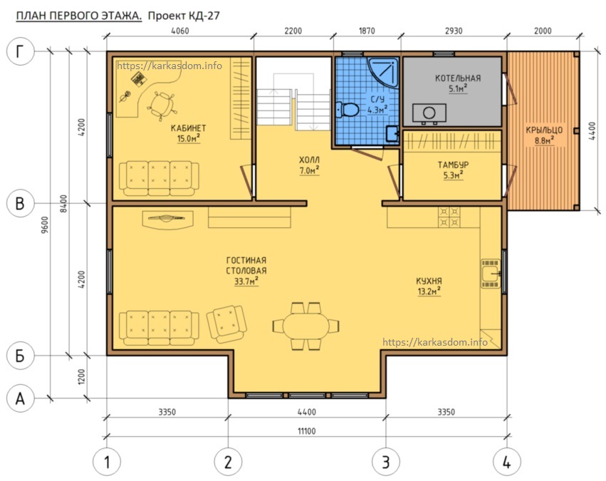 План 1 этаж каркасного дома 8,4х11 195м/кв