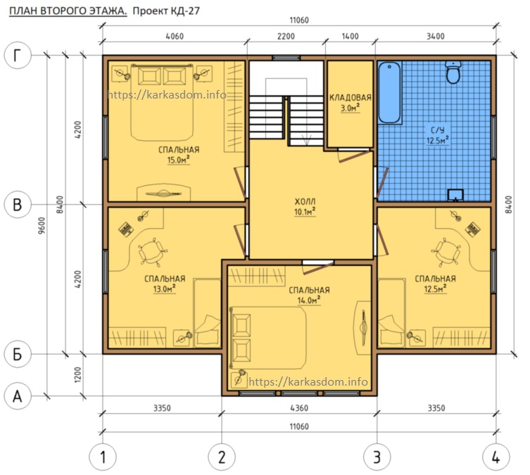 План второго этажа, 4 спальни, каркасного дома 8,4х11 195м/кв