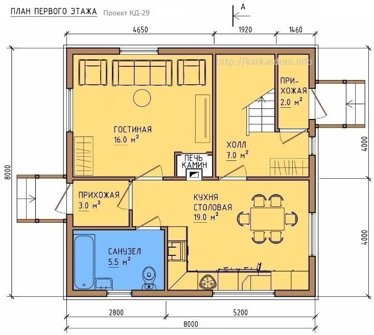 План первого этажа каркасного дома 8х8м 128м/кв