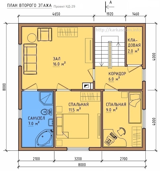 План второго этажа каркасного дома 8х8м 128м/кв