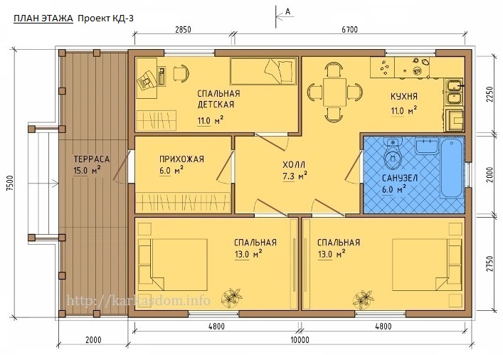 План каркасного дома 7,5х12м 90м/кв, вариант 3 спальни