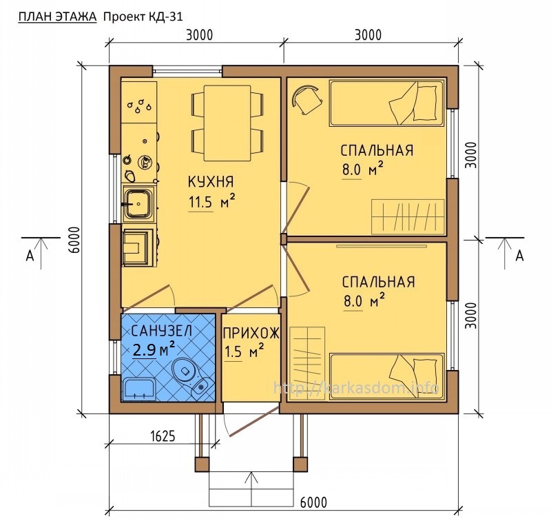 План каркасного дома 6х6м 36м/кв, стандартный вариант.