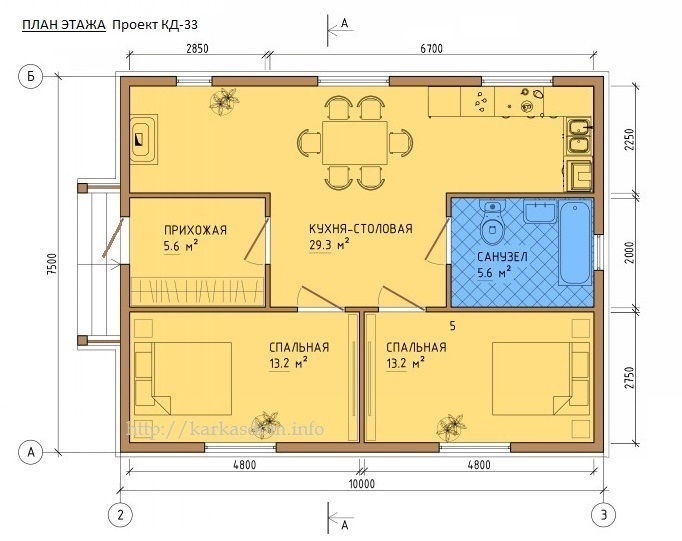 План каркасного дома 75м/кв в один этаж 7,5х10м, стандартный вариант.