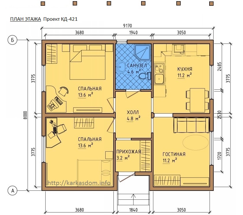 План каркасного дома 8х9,2м 73м/кв, стандартный вариант.