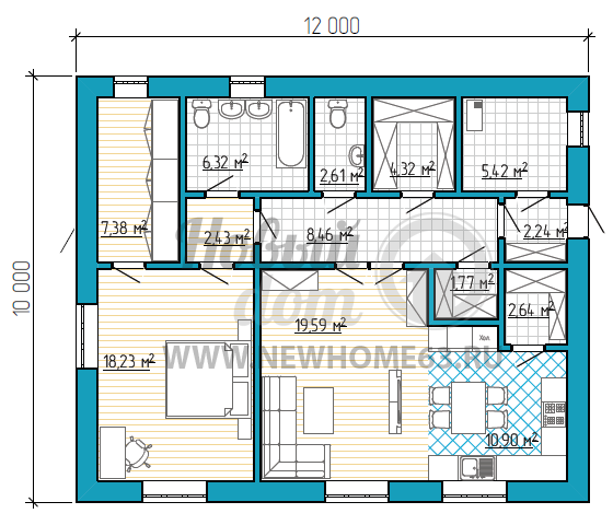 План одноэтажного коттеджа 10 на 12 метров с одной спальной и большим помещением кухни-гостиной