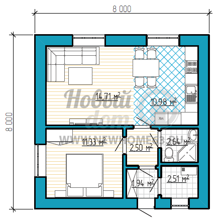 Планировка квадратного дома площадью около 50 квадратных метров с 1-ой спальной комнатой и большой гостиной