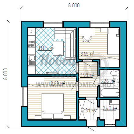 Одноэтажный дом размером 8 на 8 метров для семьи из трех человек
