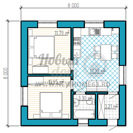 План одноэтажного коттеджа с двумя отдельными спальными и большой кухней