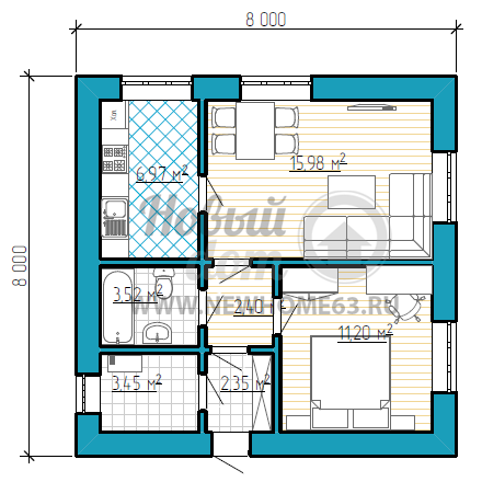 Планировка квадратного дома размером 8x8 метров 