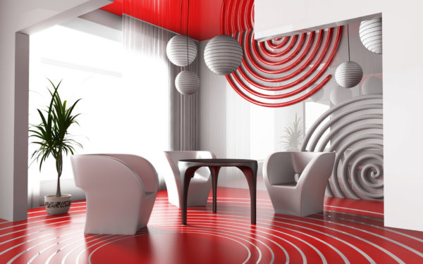 Красно-белые объёмные круги в гостиной на стене 