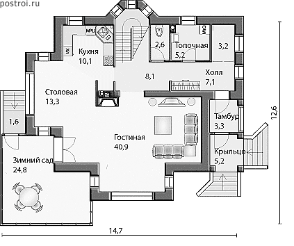 Двухэтажный современный дом № E-194-1K - 1-й этаж