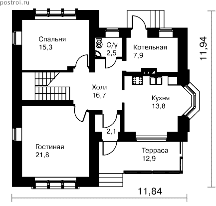 Проект дома 11,8 на 11,9 № O-159-1K - 1-й этаж