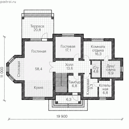 Проект трехэтажного дома с мансардой № U-386-1P - 1-й этаж