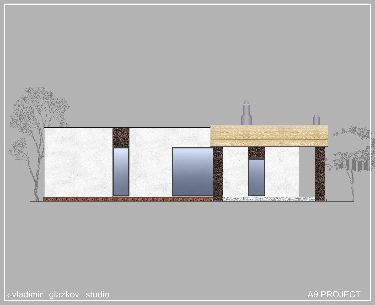 А9 - Проект одноэтажного современного дома с плоской кровлей, панорамными окнами, навесом и террасой