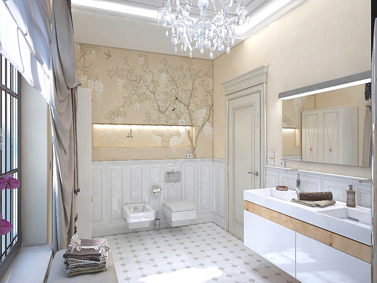 Туалетная комната имеет вытянутую прямоугольную форму. Декор стен — роспись, которая переходит из ниши на стену.