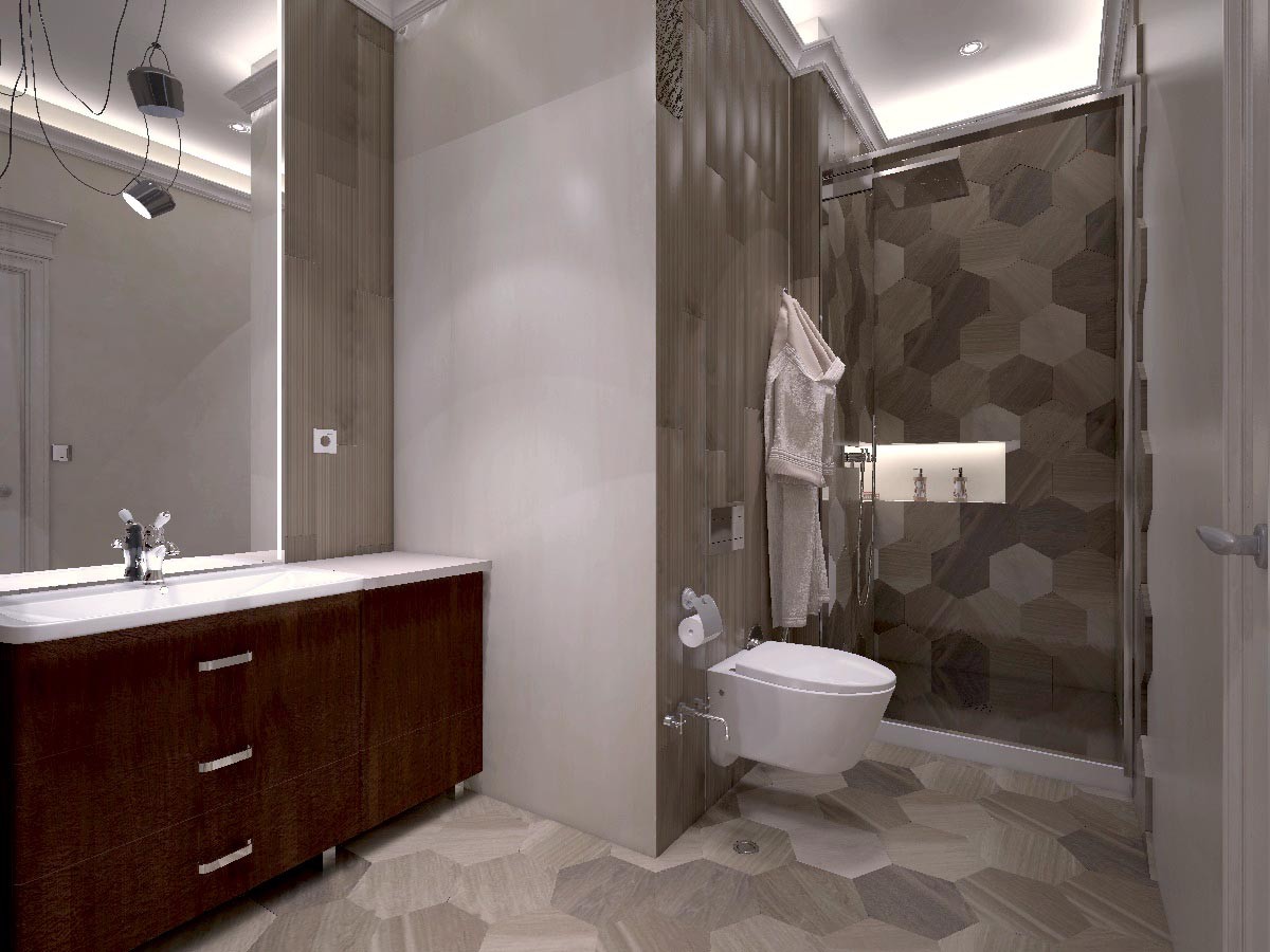 Гостевой туалет выделяется из общей стилистики дома. Здесь применили плитку разных форматов и текстур.