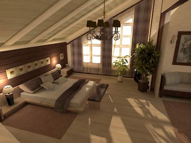 Современный дизайн спальни на мансарде в загородном доме 