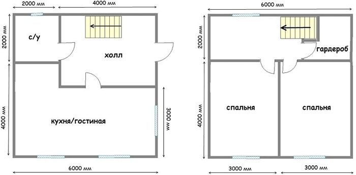 Планировка двухэтажного дома 6×6 из пеноблоков