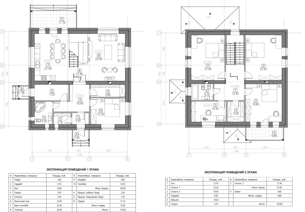 Планы первого и второго этажа с расстановкой мебели и площадью отдельных комнат
