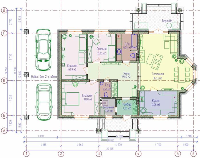 Проект одноэтажного дома из пеноблоков (134 м²)