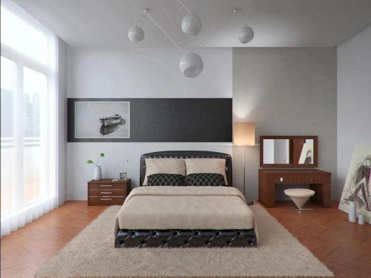 Светлая спальная комната в стиле хай-тек в городской квартире. Интересный дизайн люстры.