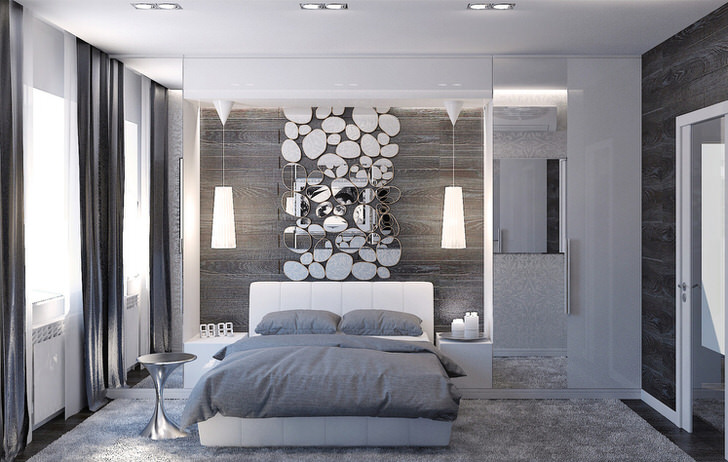 Стена над изголовьем кровати декорирована стильным коллажем из зеркал овальной формы. 