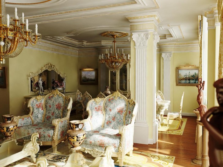 Массивные кресла с цветочной обивкой в гостевой комнате в стиле барокко. Потолки и колону украшает лепнина из гипсокартона.