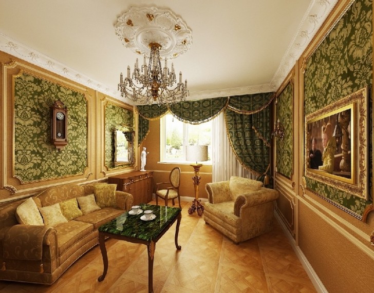 Гостевая комната в бежевых и зеленых тонах в стиле барокко.