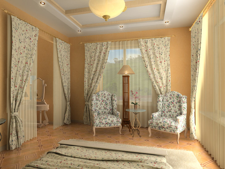 Спальня в английском стиле с необычной изюминкой. Для обивки мебели, занавесок и покрывала была выбрана одна ткань с непритязательным цветочным узором.
