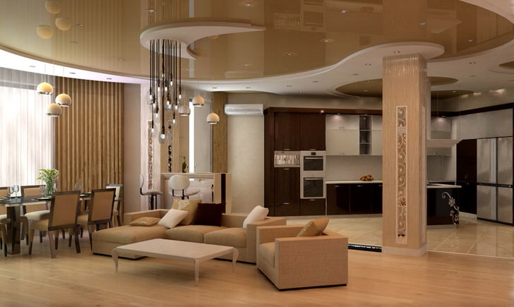Интересный вариант освещения для гостиной в модерн стиле. Характерной чертой интерьеров в модерн стиле являются глянцевые поверхности, к примеру, двухъярусный потолок. 