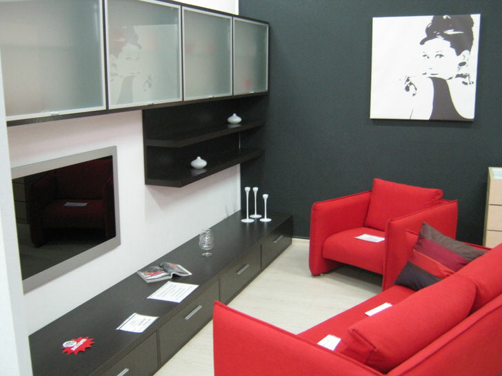 Классическая мебель для оригинальной гостиной-лаконичные формы мягкой мебели(модный красный цвет), и навесные шкафы с матовым стеклом. 