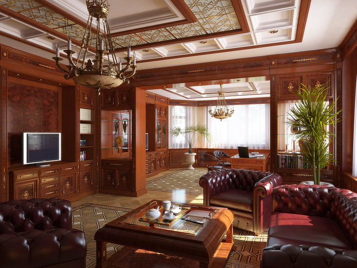 Гостиная в английском стиле оформлена преимущественно с использованием благородных пород древесины.