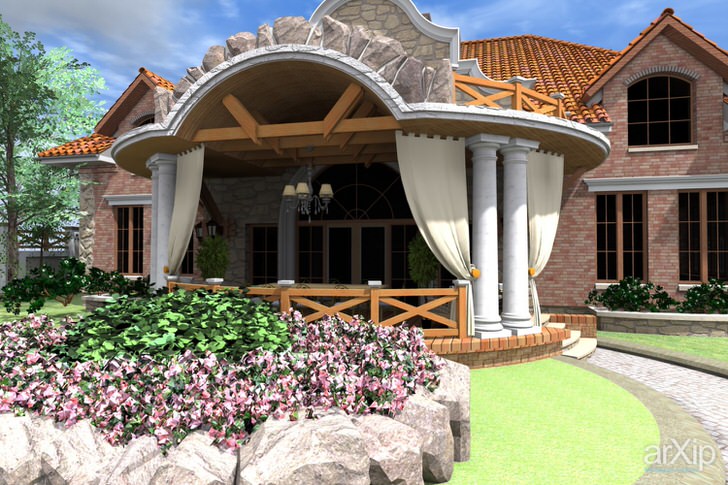Стиль рустик предполагает использование в оформлении фасада дома натурального камня, дерева и кирпича. 